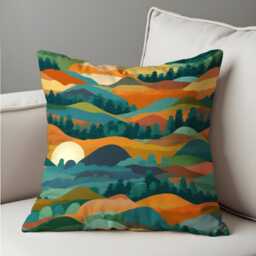 Colorful Mountain Sunset Cushion Cover, Abstract Landscape Pillow Case, Vibrant Forest Hills Throw Eclectic Home Decor - thumbnail 4