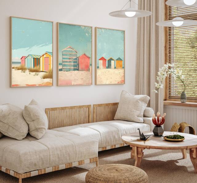 Beach Wall Art, Set Of 3 Prints, Hut Print Coastal Art, Home Decor, Art Colourful , Livingroom A3 A2 A1 50x70cm - image 1