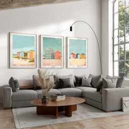 Beach Wall Art, Set Of 3 Prints, Hut Print Coastal Art, Home Decor, Art Colourful , Livingroom A3 A2 A1 50x70cm - thumbnail 2