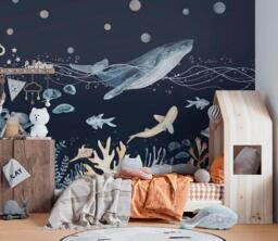 Whale Ocean Fish Boy Wall Mural Wallpaper Nursery Sticker Decor Customizable For Kids Removable Decals
