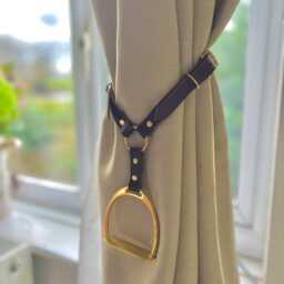 Leather Stirrup Curtain Tie Back - Renter Friendly Equestrian Decor - thumbnail 3