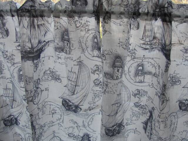 White Linen Curtain With Sailing Ships & Lighthouses Bathroom - image 1