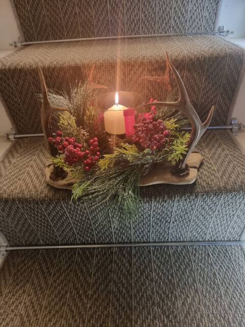 Solid Oak , Real Antler Christmas Wreath Candle Holder Handmade Rustic Centerpiece With Complementary Led Candle - image 1