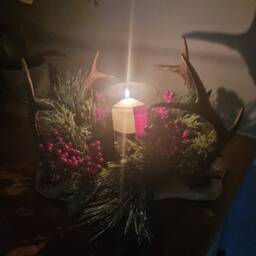 Solid Oak , Real Antler Christmas Wreath Candle Holder Handmade Rustic Centerpiece With Complementary Led Candle - thumbnail 2