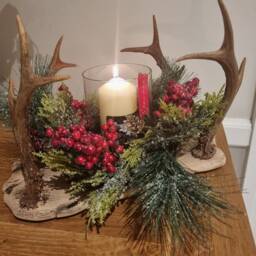 Solid Oak , Real Antler Christmas Wreath Candle Holder Handmade Rustic Centerpiece With Complementary Led Candle - thumbnail 3