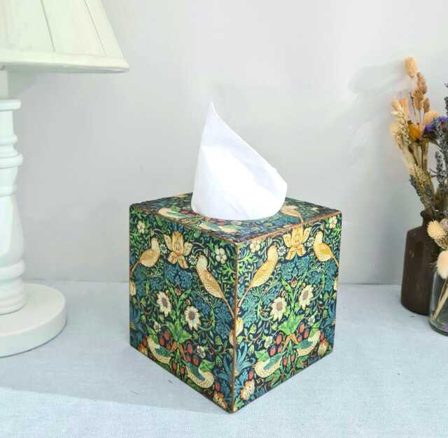 William Morris Tissue Cover Box, Strawberry Thief Floral Green Gold Accents, Hand Crafted - image 1