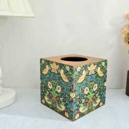 William Morris Tissue Cover Box, Strawberry Thief Floral Green Gold Accents, Hand Crafted - thumbnail 2