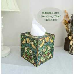 William Morris Tissue Cover Box, Strawberry Thief Floral Green Gold Accents, Hand Crafted - thumbnail 3