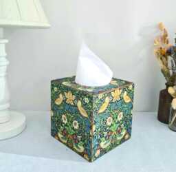 William Morris Tissue Cover Box, Strawberry Thief Floral Green Gold Accents, Hand Crafted