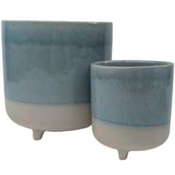 Aqua Footed Ceramic Plant Pot - Partial Glazed Indoor Planter With Three Feet