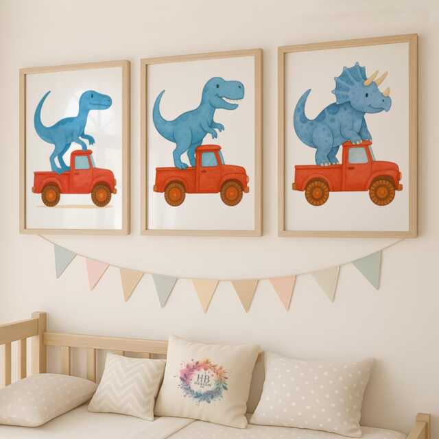 Dino Truck Nursery Wall Art Set - 3 Fun Prints Colourful Dinosaur & Digger Decor A4 Unframed Gift For Kids Bedroom Or Playroom - image 1