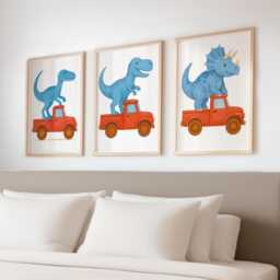 Dino Truck Nursery Wall Art Set - 3 Fun Prints Colourful Dinosaur & Digger Decor A4 Unframed Gift For Kids Bedroom Or Playroom - thumbnail 2