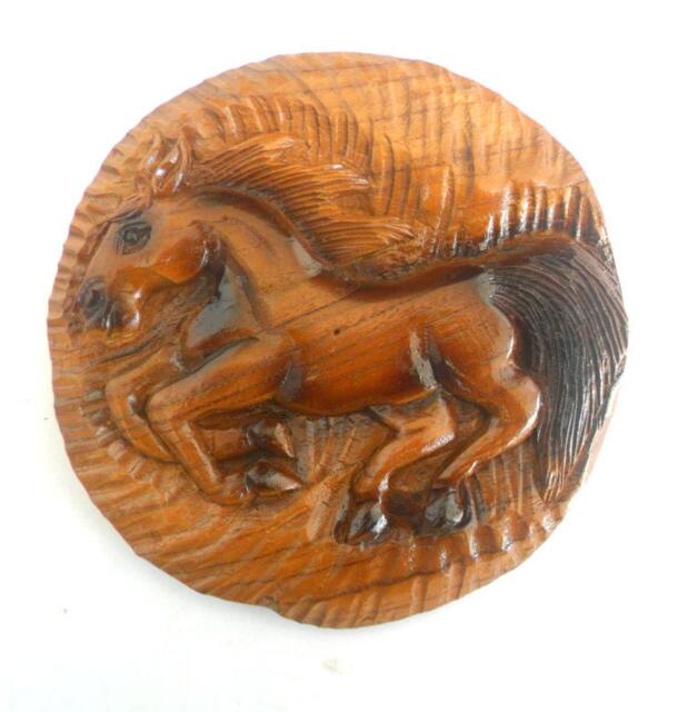 "Handmade Natural Teak Wood Round Shape Hand Carved Horse Carving Wall Hanging Art Home Decor 7.75""x0.75" - image 1