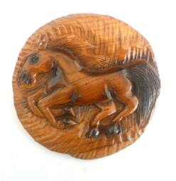 "Handmade Natural Teak Wood Round Shape Hand Carved Horse Carving Wall Hanging Art Home Decor 7.75""x0.75" - thumbnail 1