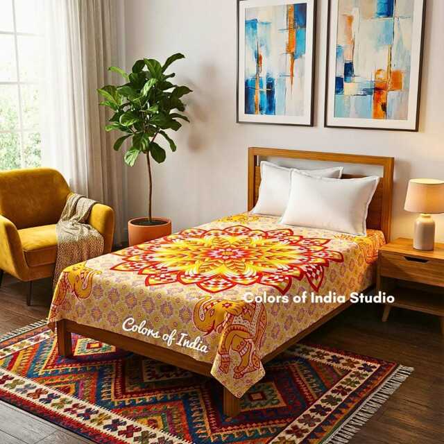 Yellow Red Mandala Bedsheet Twin Size With 2 White Pillow Covers - image 1