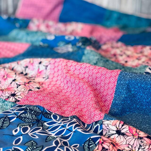 Patchwork Baby Blanket/Girl/Minky, Cotton, Boho, Floral, Daisy, Bold, Bright, Pink, Magenta, Blue, Purple, Teal, Turquoise/Farmhouse/Country - image 1