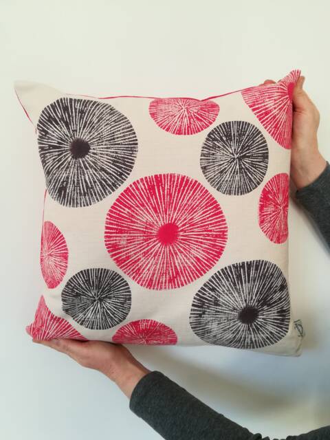 Annapatat -Sunburst- Lino Print- Cushion-50x50cm- Red- Aubergine- Colour -Scandi- Pillow- Texture- Geometric- Circles - Pattern - image 1