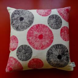 Annapatat -Sunburst- Lino Print- Cushion-50x50cm- Red- Aubergine- Colour -Scandi- Pillow- Texture- Geometric- Circles - Pattern - thumbnail 2