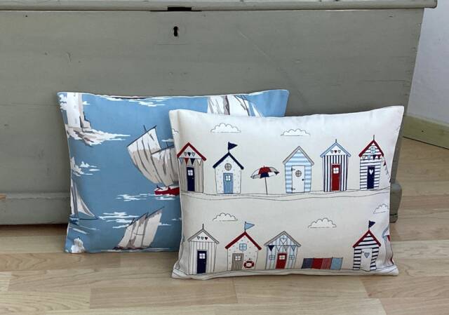 Handmade Beach Huts & Boats Feather Bolster Pillow Set Nautical Coastal Decor - image 1