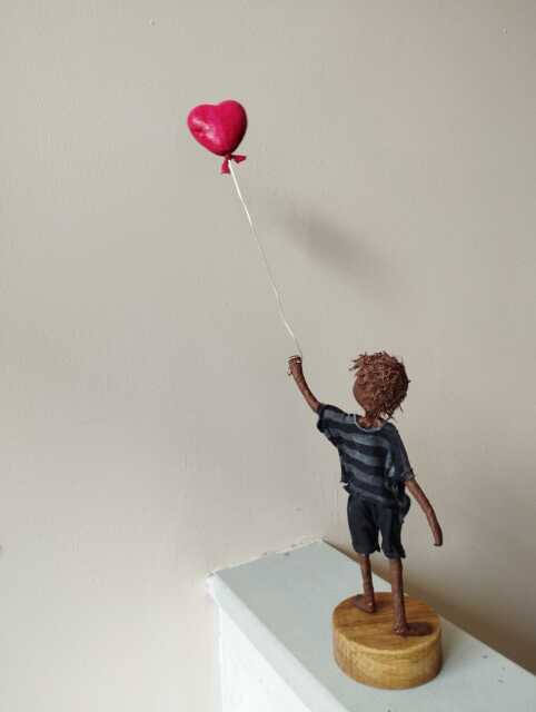 Boy With Red Heart Shaped Balloon. Mixed Media Sculpture. Paverpol Made To Order - image 1