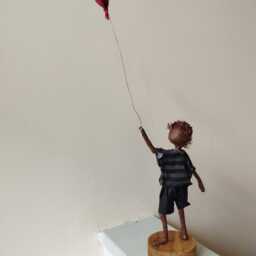 Boy With Red Heart Shaped Balloon. Mixed Media Sculpture. Paverpol Made To Order - thumbnail 4