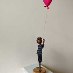 Boy With Red Heart Shaped Balloon. Mixed Media Sculpture. Paverpol Made To Order - thumbnail 2