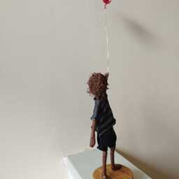 Boy With Red Heart Shaped Balloon. Mixed Media Sculpture. Paverpol Made To Order - thumbnail 3