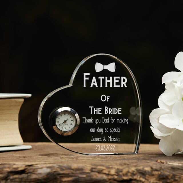 Engraved Heart Crystal Glass Clock Father Of The Bride Wedding Gift - image 1