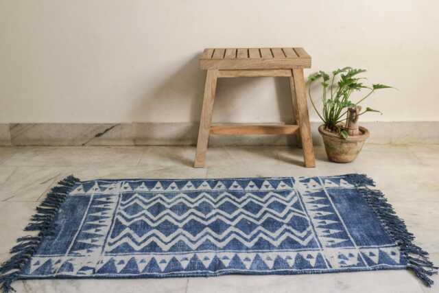 Handmade Cotton Dhurrie Rug Indigo Blue Block Print, 2x3 - image 1