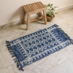 Handmade Cotton Dhurrie Rug Indigo Blue Block Print, 2x3 - thumbnail 4