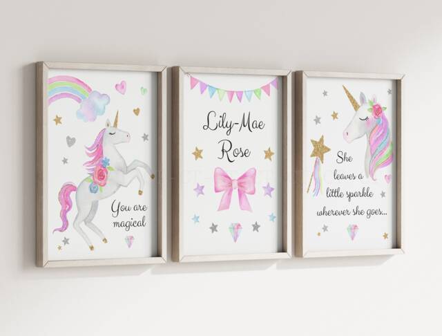 Unicorn Rainbow Stars Girls A4 Or A3 Nursery Set Of Unframed Personalised Prints Pink Silver Gold Wall Art - image 1
