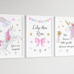 Unicorn Rainbow Stars Girls A4 Or A3 Nursery Set Of Unframed Personalised Prints Pink Silver Gold Wall Art - thumbnail 3