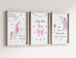 Unicorn Rainbow Stars Girls A4 Or A3 Nursery Set Of Unframed Personalised Prints Pink Silver Gold Wall Art - thumbnail 1