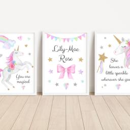 Unicorn Rainbow Stars Girls A4 Or A3 Nursery Set Of Unframed Personalised Prints Pink Silver Gold Wall Art - thumbnail 2