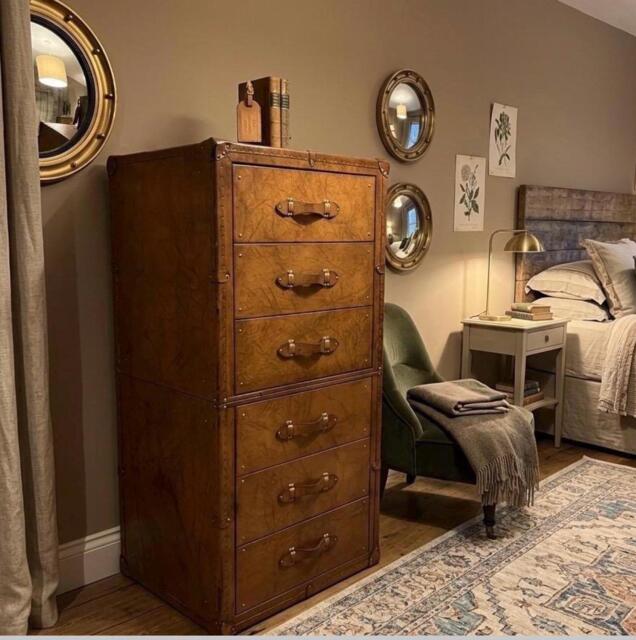 Bespoke Leather-Wrapped Tallboy Chest Of Drawers London Tan Hardwood Furniture - image 1