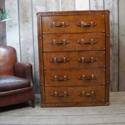 Bespoke Leather-Wrapped Tallboy Chest Of Drawers London Tan Hardwood Furniture - thumbnail 3