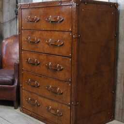 Bespoke Leather-Wrapped Tallboy Chest Of Drawers London Tan Hardwood Furniture - thumbnail 2