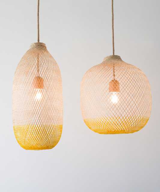 Hand-Dyed Bamboo Pendant Light, Two-Tone Yellow Basket Shade, Rope Cord - image 1