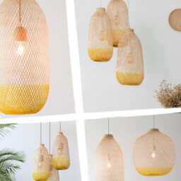 Hand-Dyed Bamboo Pendant Light, Two-Tone Yellow Basket Shade, Rope Cord - thumbnail 2