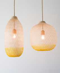 Hand-Dyed Bamboo Pendant Light, Two-Tone Yellow Basket Shade, Rope Cord - thumbnail 1