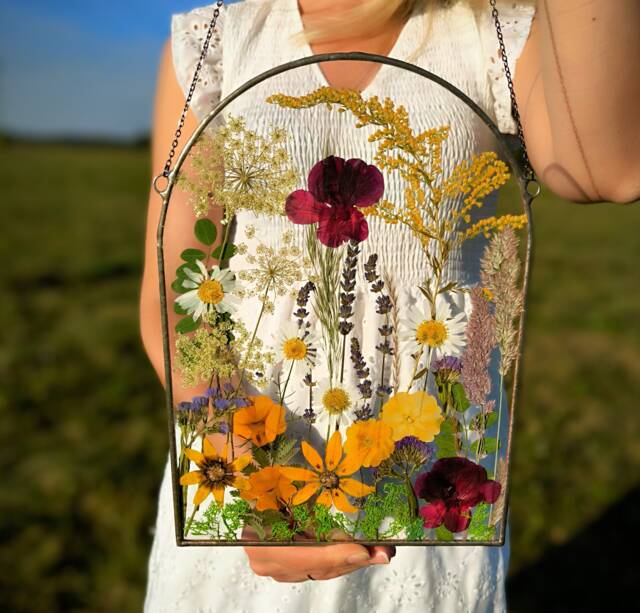 Pressed Flower Art Real Flowers in Large Stained Glass Frame, Suncatcher - image 1