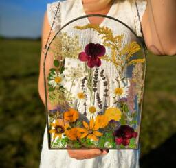 Pressed Flower Art Real Flowers in Large Stained Glass Frame, Suncatcher - thumbnail 1