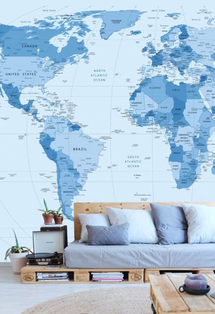 World Map in Shades Of Blue, Detailed Wall Mural, Wallpaper, D??cor, Nursery & Room Art, Canvas Print - image 1