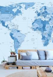 World Map in Shades Of Blue, Detailed Wall Mural, Wallpaper, D??cor, Nursery & Room Art, Canvas Print