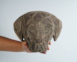 Dog Face Of Timor Wall Art, On Stand, Wood Carving, Animal Statue, Traditional Handmade Halloween Decor, Grandfather Gift