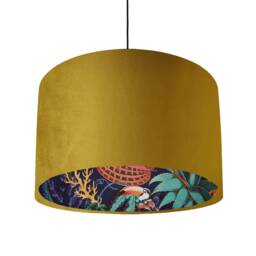 Mustard Velvet Lampshade With Tropical Wonderland Lining, Large Ceiling Lightshade - thumbnail 1