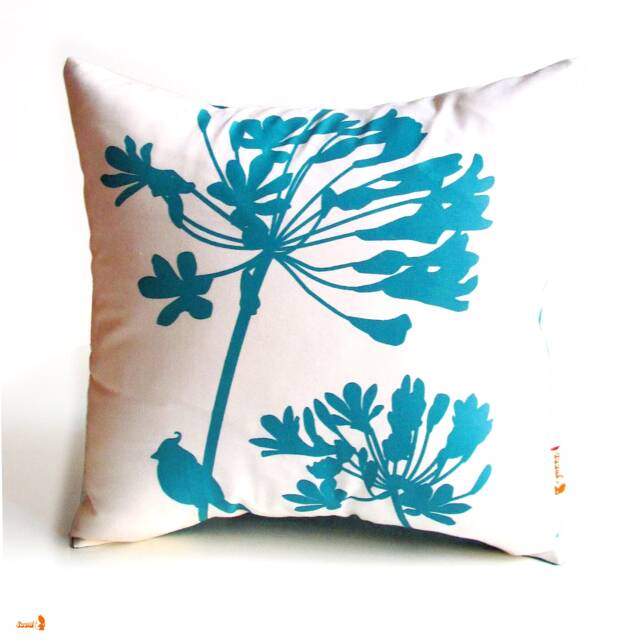 Teal Green Print On Off-White Cardinal Agapanthus-Mini 10.5 Inches Square Pillow - image 1