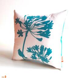 Teal Green Print On Off-White Cardinal Agapanthus-Mini 10.5 Inches Square Pillow - thumbnail 2