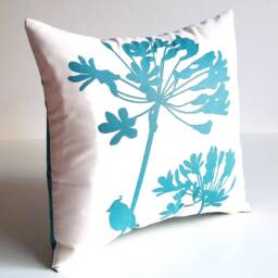 Teal Green Print On Off-White Cardinal Agapanthus-Mini 10.5 Inches Square Pillow - thumbnail 3