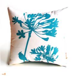 Teal Green Print On Off-White Cardinal Agapanthus-Mini 10.5 Inches Square Pillow - thumbnail 1